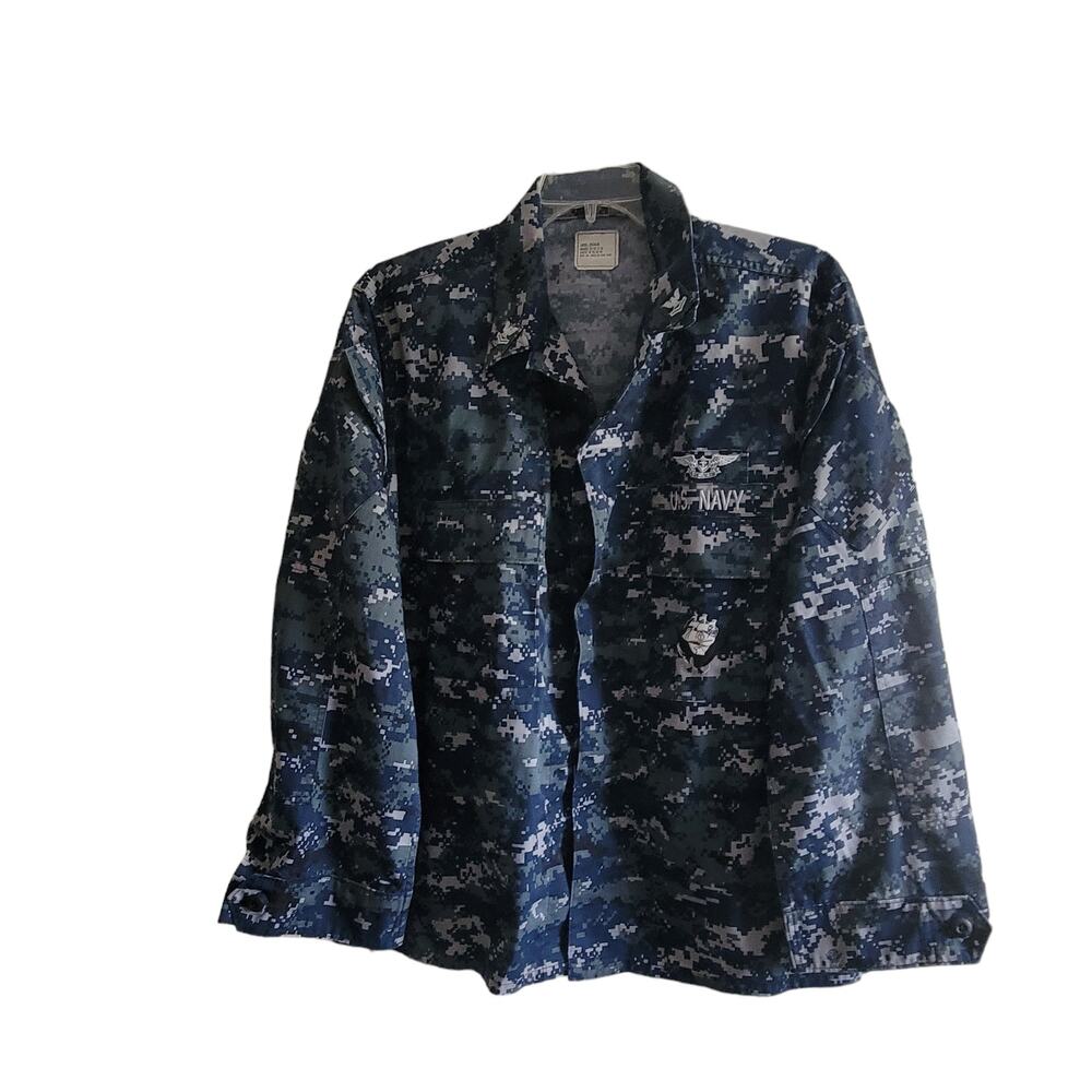 US Navy Working Top Mens Large Regular Blue Camo Air Warfare Patch NWU Blouse